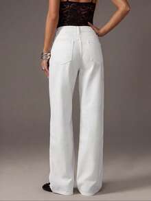 TRNVIE Fashion Casual Vacation Style Patch Pocket Low Waist Straight Leg Jeans - White - View 2