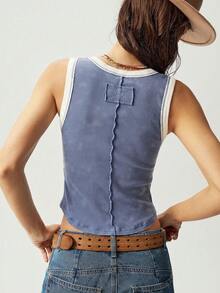 Bohemela Top de punto ajustado de unicolor casual lavado para mujer - Azul - Ver 2
