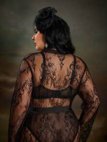 PinupPomp Plus Lace Belted Robe Without Lingerie Set - Black - View 6