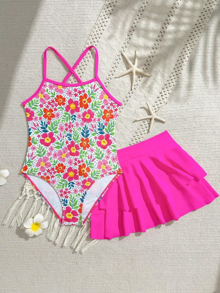 SHEIN 女童碎花印花连体泳衣,带荷叶边裙摆,两件套,适合泳池、度假、派对 - 粉色 - 查看 1