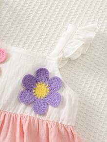 Cozy Pixies Vestido de tirantes con bloque de color y decoración floral para bebé niña, versátil y cómodo - Rosa - Ver 4