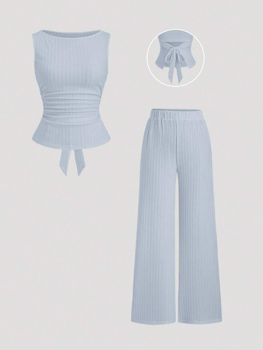 Sweetra 2pcs/Set Spring/Summer New Boat Neck Ruffle Flare Sleeve Top T-Shirt And Flare Pants, Suitable For Commuting, Going Out, All-Match Versatile - Blue - View 1