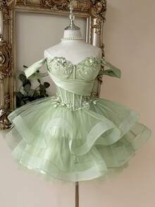 Lovelzi Elegant Queen Sage Green Winter Bridal Bridesmaid Formal Dress Bandeau Sequin Applique Satin Mesh Trim Tie-Back A-Line Silhouette Cocktail Prom - Mint Green - View 2