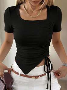 DAZY Women's Summer Solid Color Asymmetrical Neckline Drawstring Hem Casual T-Shirt Cute Tops Going Out Tops - Black - View 11