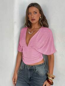 Aloruh Apricot Deep V Ruched Short Sleeve Tight Fitted Women T-Shirt - Lilac Purple - View 5