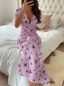 DAZY Set Piyama Wanita Musim Panas 2 Potong Atasan dan Celana Panjang Lebar Motif Kupu-kupu Elegan - Purple - View 5