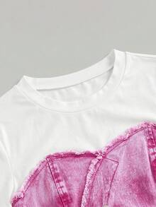 SHEIN MOD 女士休闲修身弹力牛仔短袖拼接上衣 - 粉色 - 查看 4