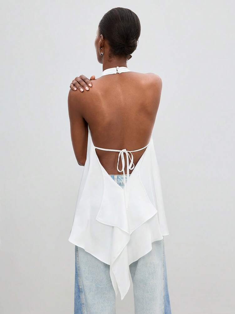 SHEIN Maija Women's Elegant Solid Color Backless Halter Top, Outfits,Summer Outfits, White Top, Vacation,Summer Top Party