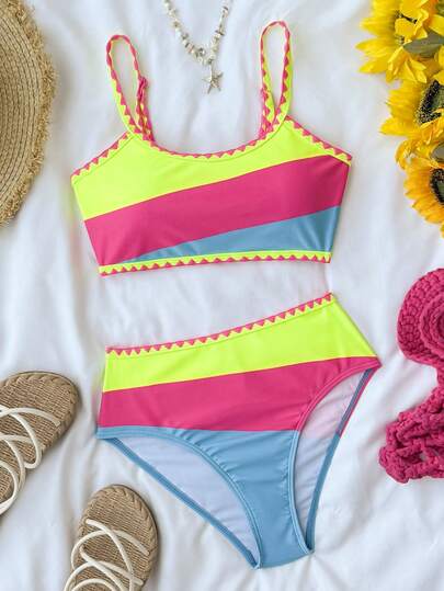 SHEIN Bộ bikini ghép vải cầu vồng cho bé gái tuổi teen, 2 món, bộ đồ bơi thời trang, phù hợp đi biển, nghỉ dưỡng, Hawaii
