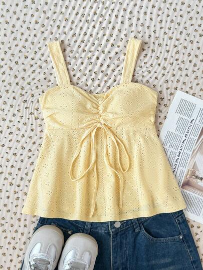 SHEIN Áo không tay dệt kim màu vàng mù tạt cho bé gái và thiếu nữ, áo babydoll mùa hè đa năng, áo màu kem, áo nhún, áo thắt nơ