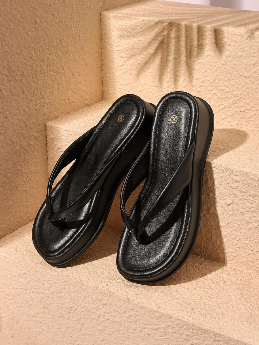 HighSole 厚底高跟人字拖女鞋 时尚新款夏季韩版夹趾凉鞋和拖鞋 - 黑色 - 查看 1
