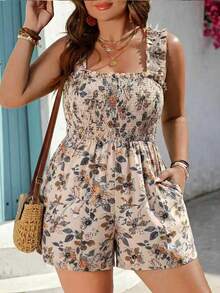 EMERY ROSE Plus Size Ditsy Floral Elastic Waist Camisole Jumpsuit, Cinched Waist French Style Ditsy Floral Camisole Jumpsuit For Summer - Apricot - View 4