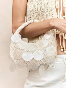 Viva Strut Ladies, Women Circular Imitation Seashell Mesh Top Handle Bags, Fashionable, Simple, Personalized, Versatile, For Beach, Vacation, Holiday, Summer, Seaside, Beach Party - Beige - View 1