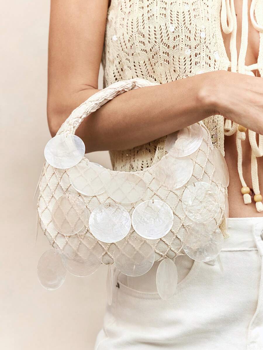 Viva Strut Ladies, Women Circular Imitation Seashell Mesh Top Handle Bags, Fashionable, Simple, Personalized, Versatile, For Beach, Vacation, Holiday, Summer, Seaside, Beach Party - Beige - View 1