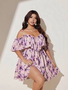 Viva Relle Vestido de vacaciones sexy con hombros descubiertos para tallas grandes - Rosa - Ver 4