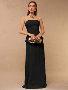 Silquee Women's Elegant Party Solid Color Bandeau Top And Pleated Skirt 2-Piece Set - Black - View 3