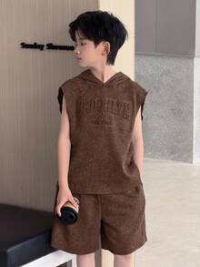 2件組 青少年男孩休閒連帽無袖上衣、短袖T恤與短褲套裝，棕色，夏季，街頭風，城市旅行，學校，外出，運動，度假 - 棕色 - 查看 2