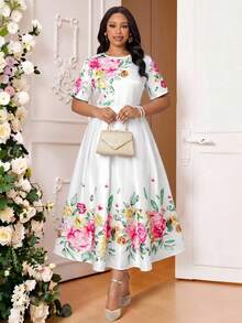 Fleurora Đầm ngắn tay cổ tròn in hoa thanh lịch dành cho nữ cỡ lớn - Nhiều màu - Xem 5