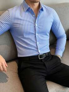 Core Aspect Men's Business Casual Blue Long Sleeve Striped Shirt, Nice Shirts For Men, For Fall - Baby Blue - View 8
