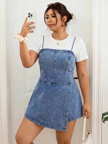 SHEIN Tall CURVE 高挑曲线加大码女式吊带牛仔裹身连体裤，休闲日常及夏季穿搭 - 中等水洗藍 - 查看 5