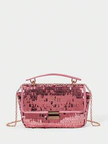 SHECARRY Women's Fashion Pink Sequined Tote Bag, Exquisite Lock, Classic Flip Square Bag, Suitable For Daily, Dating, Party, Dance, Dress Matching - Champagne powder - View 6