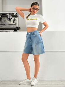 SHEIN Vintage Sexy White Panelled,Low Rise Wide Leg Denim Bermuda Shorts Swimming Summer - Light Wash - View 6