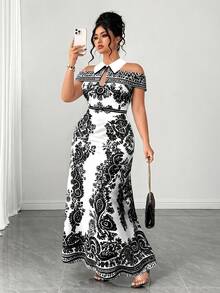 Elenzga Damen Große Größen Frühling/Sommer Klassisch Blau & Weiß Platzierter Muster Hemdkleid, V-Ausschnitt, Off-shoulder, Tailliert Taillenform, Modisch & Elegant für Date, Einkaufen, Pendeln, Alltag-Outfit - Schwarz und Weiss - Übersicht 1