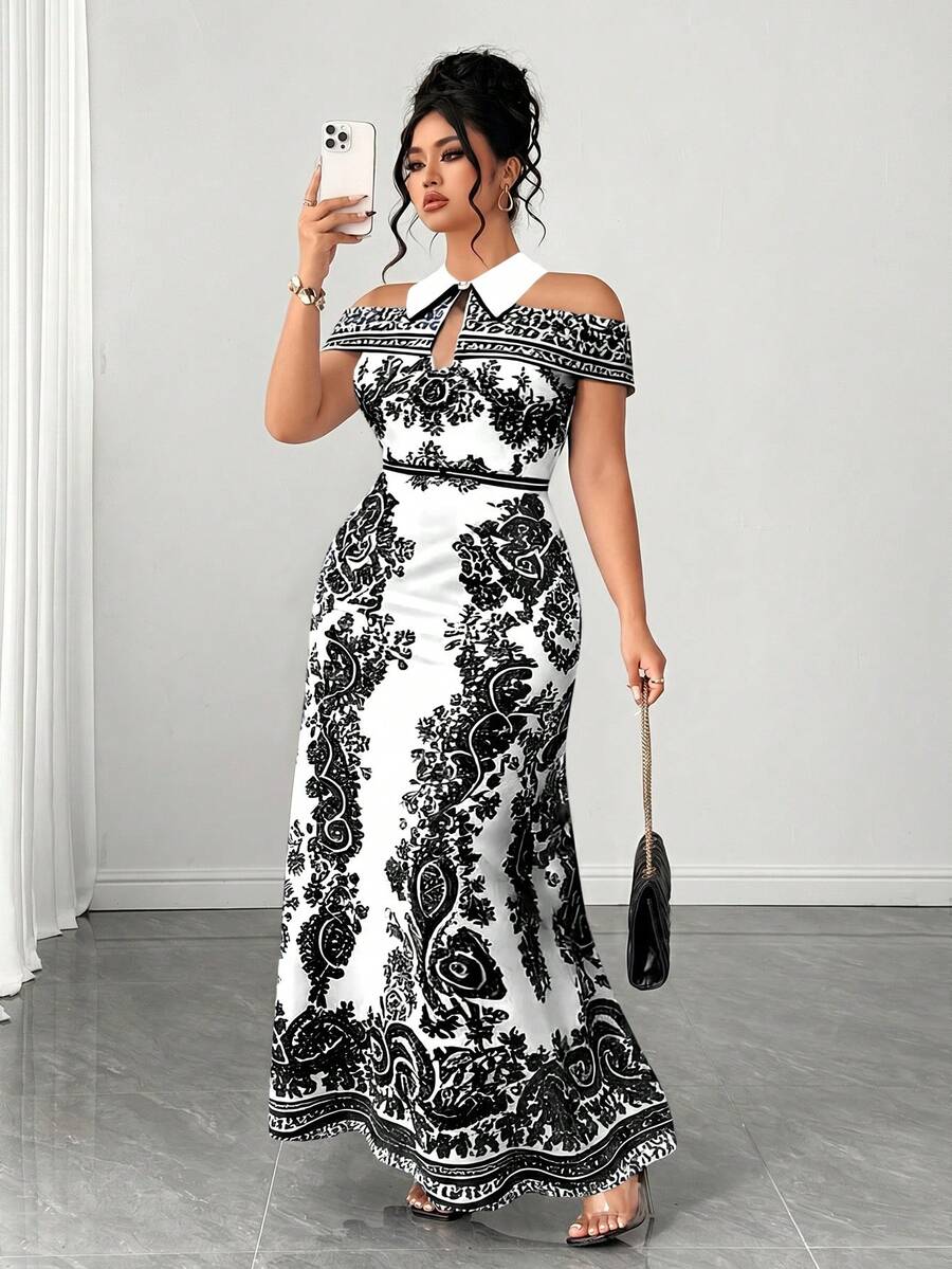 Elenzga Damen Große Größen Frühling/Sommer Klassisch Blau & Weiß Platzierter Muster Hemdkleid, V-Ausschnitt, Off-shoulder, Tailliert Taillenform, Modisch & Elegant für Date, Einkaufen, Pendeln, Alltag-Outfit - Schwarz und Weiss - Übersicht 1