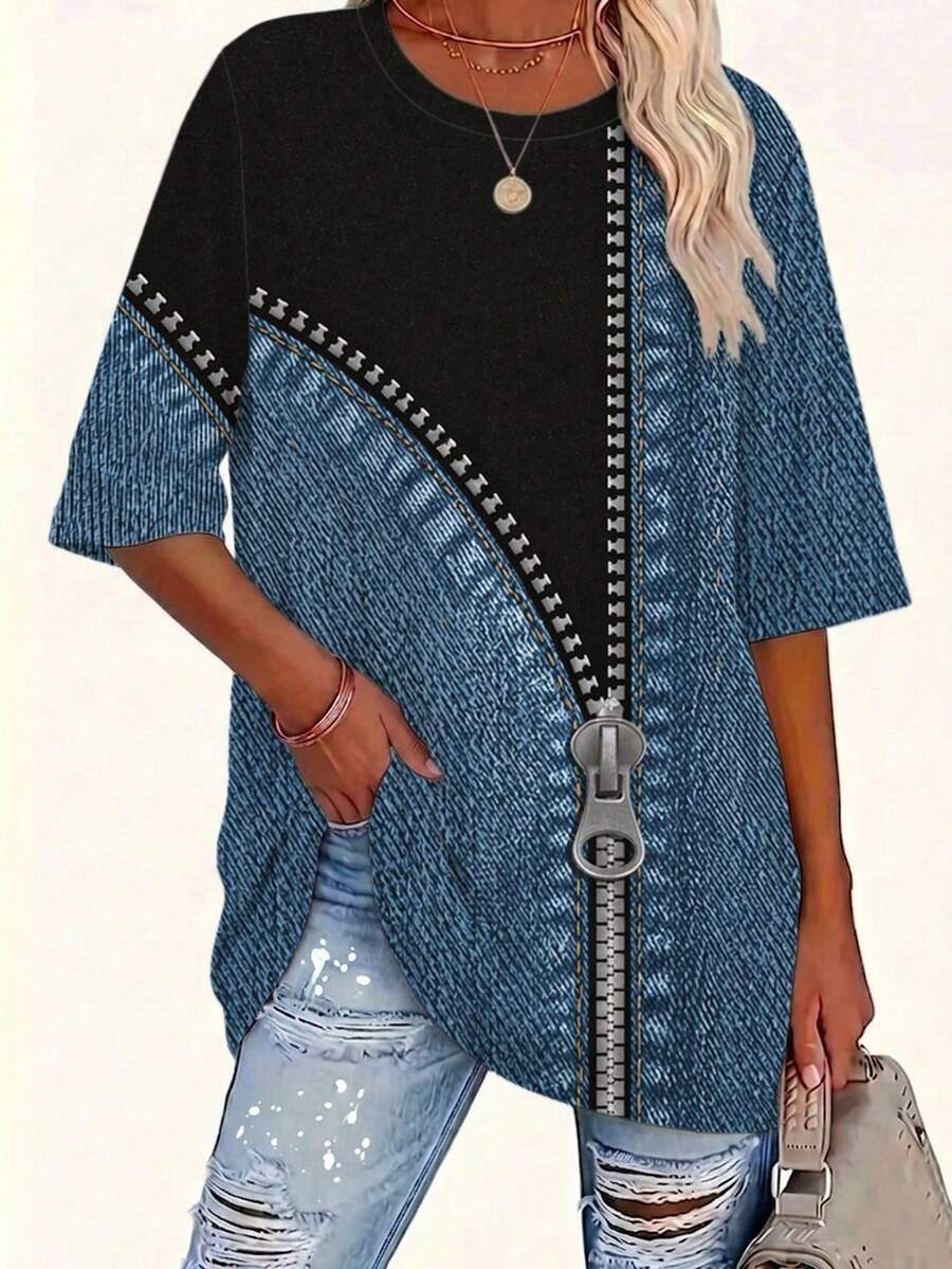 EMERY ROSE Patchwork Pattern Twill Texture Round Neck Short Sleeve Casual Plus Size T-Shirt, Spring - Multicolor - View 1