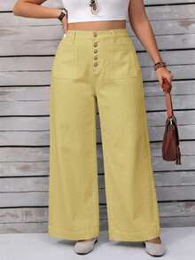 EMERY ROSE Plus Size Women's Solid Color Button Dual Pocket Loose Casual Denim Jeans Formal Light Yellow Summer - Yellow - View 5