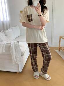2件套少女休闲宽松落肩上衣和复古格子裤家居服套装 - 杏色 - 查看 2