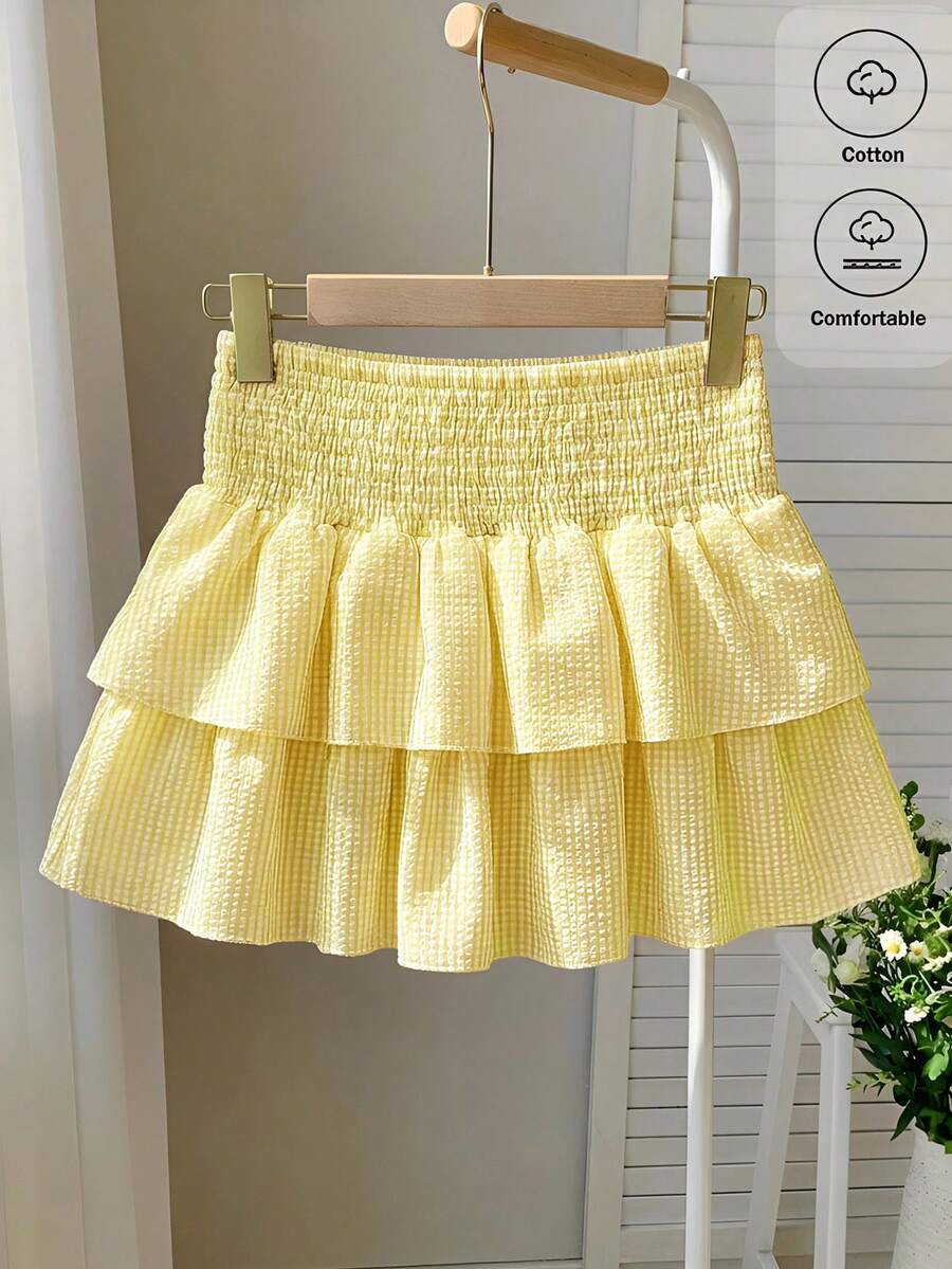 SHEIN Rok A-Line Bergaris Kuning & Putih dengan Lipatan di Pinggang untuk Anak Perempuan Remaja - Kuning - View 1
