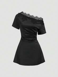 or versátil para uso diario, casual, citas y talla grande, con diseño sexy de hombros descubiertos, encaje, ajustado y suave, de moda primavera/verano estilo europeo y americano para mujeres - Negro - Ver 3