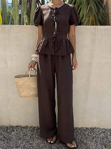 Livesso Women's V-Neck Cap Sleeve Top And Casual Pants Two Pieces Set, Suitable For Summer Vacation And Commuting - Brown - View 3
