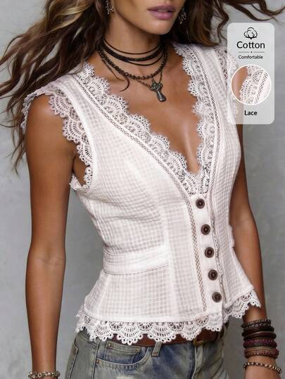 Solivie Women's Vintage Boho Bohemian Lace Trim Vest Top, Off-White, Summer Holiday Holiday Tea Party