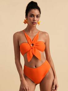 Travachic Women's Summer Vacation Beach Ruched Spaghetti Strap Bikini Set - Orange - View 1