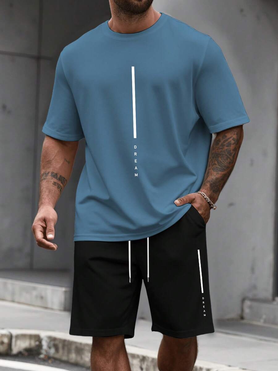 Manfinity Homme Men's Plus Size Casual Round Neck Short Sleeve T-Shirt & Shorts Set, Versatile For Summer, Holiday - Multicolor - View 1
