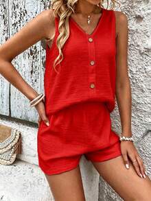 SHEIN LUNE Women's Solid Color Button Design V-Neck Tank Top And Shorts Casual 2-Piece Set - Red - View 4