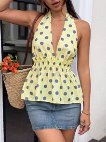 Serisse Women's Yellow Polka Dot Halter Backless Top, Summer - Multicolor - View 5