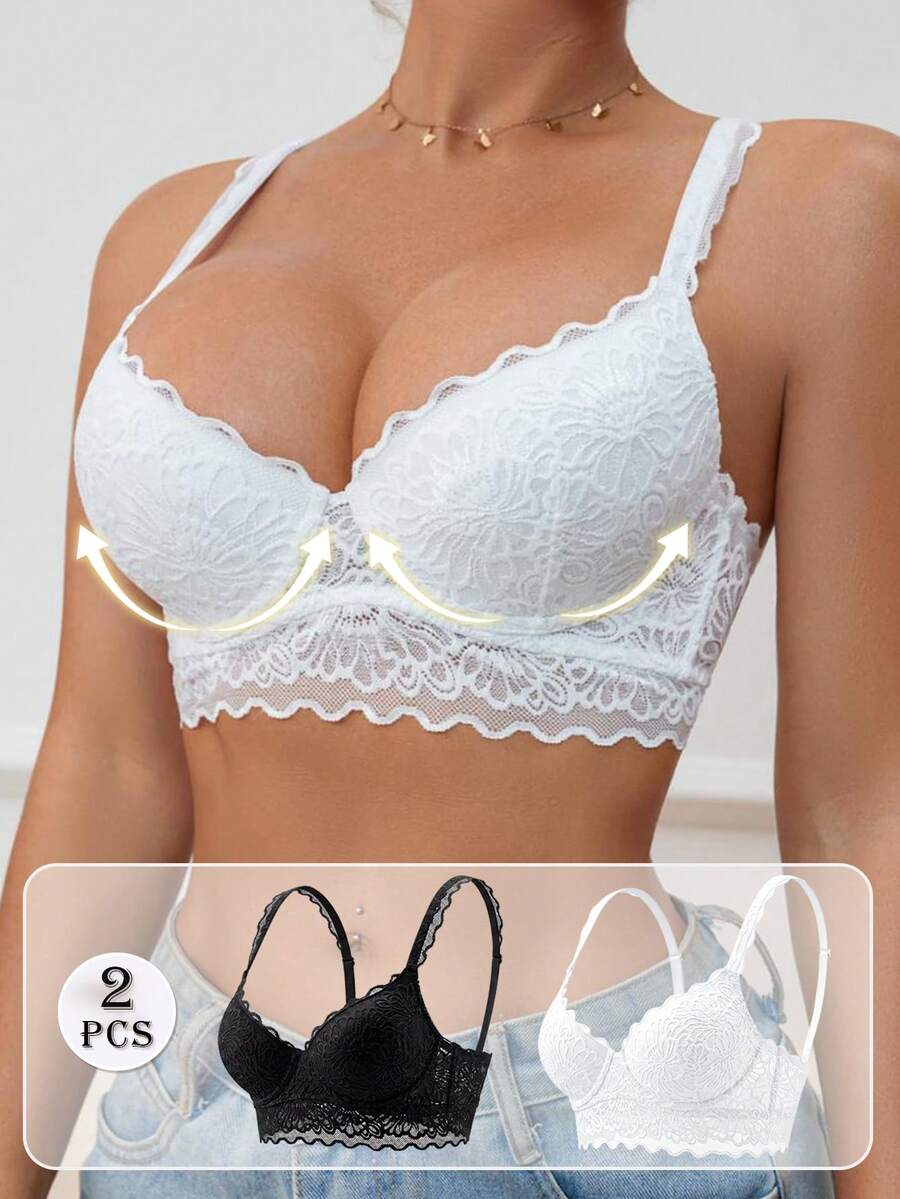 SHEIN 2 件装女士浪漫性感优雅纯色花卉蕾丝拼接扇形边饰,带可调节肩带,上托钢圈提拉文胸内衣 - 黑與白 - 查看 1