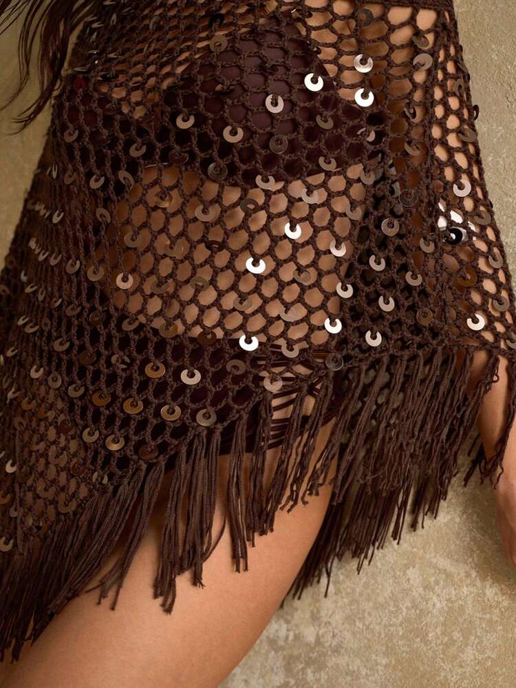 PLUS SIZE WOMEN HANDMADE KNITTED TASSEL BOHEMIAN BEADED ASYMMETRIC HEM VACATION COVERUP