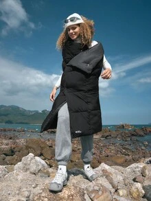 In My Nature Solid Hooded Padded Vest Coat - Black - View 5
