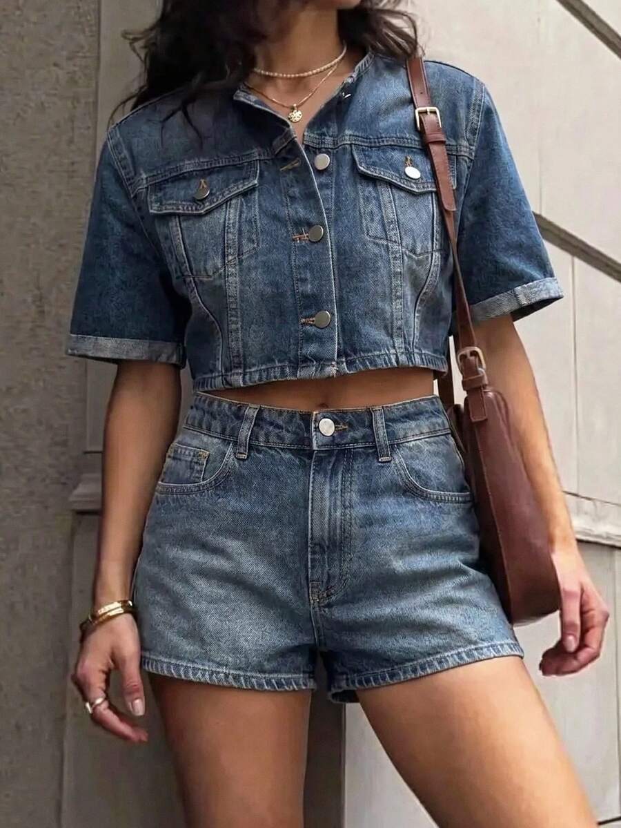 SHEIN طقم مشترك مغسول بطراز Y2K، فينتاج: توب قصير الأكمام وشورت ارتفاع الخصر - أزرق متوسط - مشاهدة 1