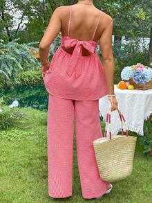 SHEIN Summer Outfit,Independence Day Outfits WomenMaternity Plaid Camisole And Adjustable Waist Loose Pants White2 Pieces Set Maternity Photoshoot Beach - Red - View 5