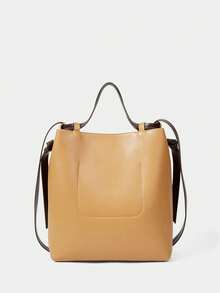 SHECARRY Ladies Brown Tote Bag, Smooth And Soft Flat PU Contrasting Color, Exquisite And Simple, Vintage   Large-Capacity Shoulder Bag,  For Ladies, Mothers, Daily, Commuting, Shopping - Brown coffee - View 4