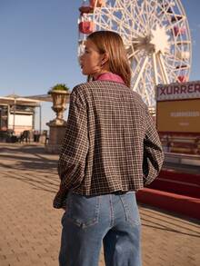Nöista Plaid Shirt With Fuchsia Collar. Fall, Office Wear, Brunch, Casual Chic Style. - Black - View 6