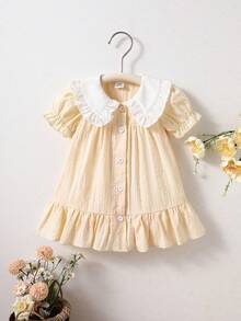 SHEIN Newborn Cute Cartoon Heart Pattern Suspender Bow Decor Princess Dress, Suitable For Spring/Summer Outings, Vacations And Parties - Yellow - View 3