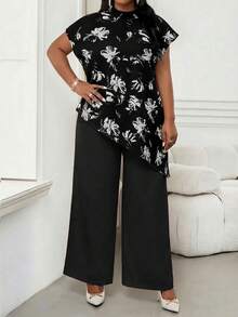SHEIN Lady Bộ đồ thời trang nữ 2 món gồm áo vạt bất đối xứng in hoa đen và quần ống rộng thanh lịch - màu đen - Xem 4