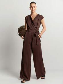 Aalyst Women's Coffee Brown Summer Elegant Brunch Party V-Neck Cinched Waist Bowknot Zipper Side Pocket Crossed Neckline Wide Leg Pants, Textured Fabric - Coffee Brown - View 5