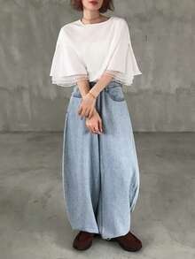 FRIFUL Women's Summer Solid Color Round Neck Short Sleeve Mesh Patchwork Sheer T-Shirt - White - View 6